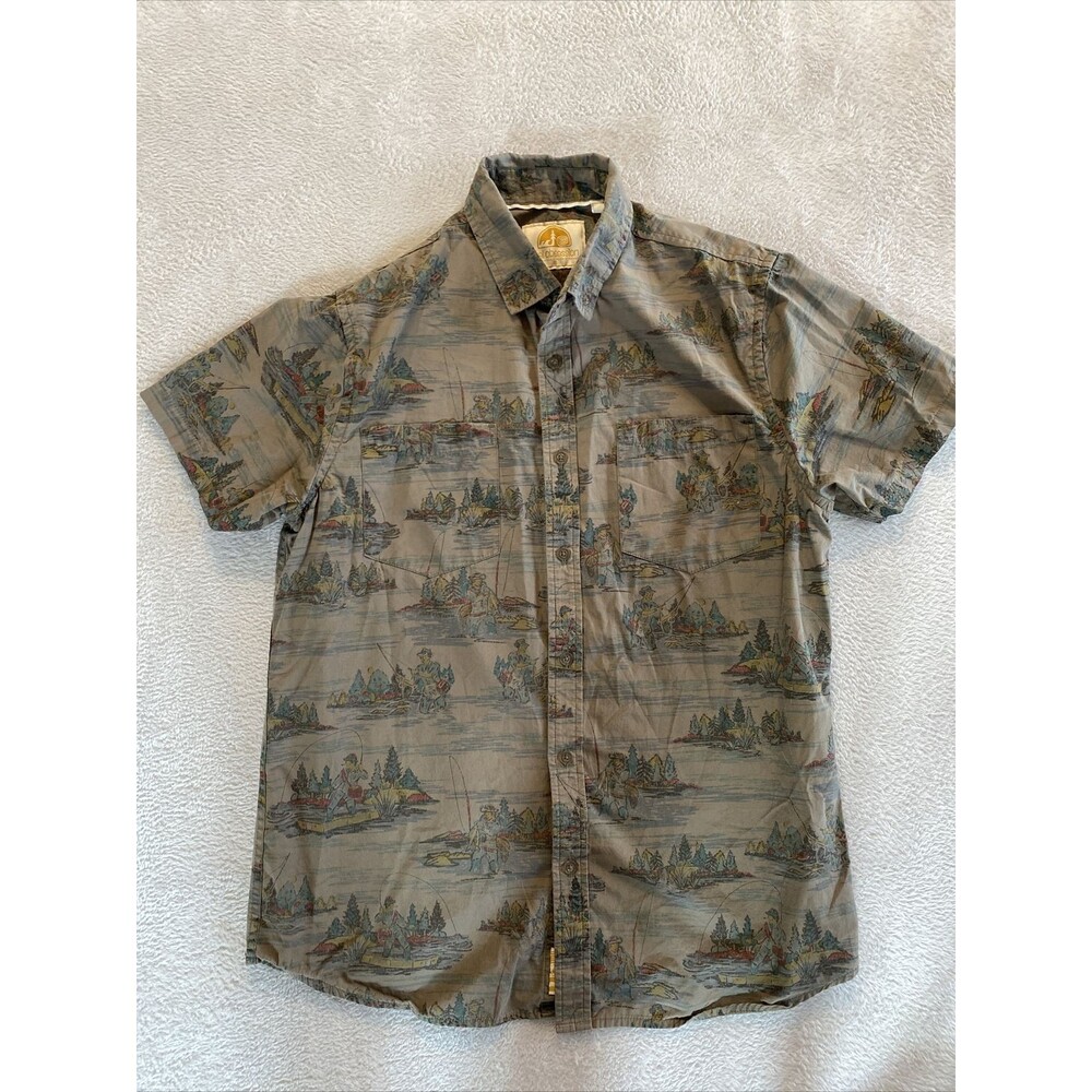 Reel Obsession Shirt Mens Small Gray Button Down Fly Fishing Scene Short Sleeve